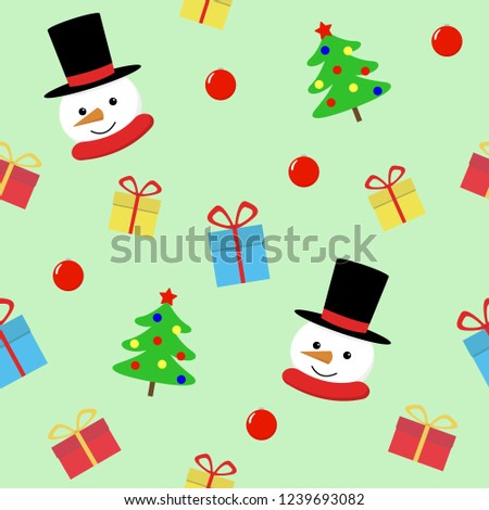 Snow man with gift seamless pattern. Cute Christmas holidays cartoon character background.