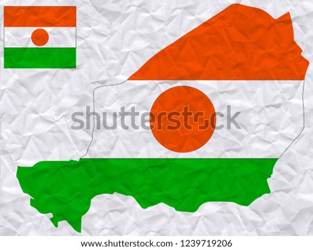 Old crumpled paper with watercolor painting of Niger flag and map