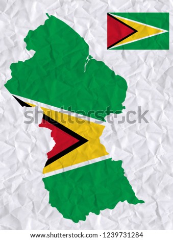 Old crumpled paper with watercolor painting of Guyana flag and map