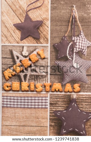 Christmas or New Year card. Congratulations on the holiday. Favorite traditional holiday. Winter background. Merry Christmas. Words from sweet cookies and crackers. The time of miracles.