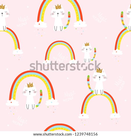 Seamless pattern with cat princess and rainbow. Kids print. Vector hand drawn illustration.