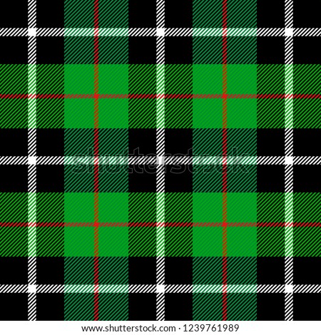 Christmas and new year tartan plaid. Scottish pattern in black, red and green cage. Scottish cage. Traditional Scottish checkered background. Seamless fabric texture. Vector illustration