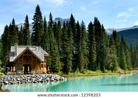 Wooden retreat on Emerald lake, Yoho national park, Canadian Rockies Royalty-Free Stock Photo #12398203