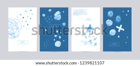 A collection of textural abstract cover templates for Christmas designs. Art Backgrounds for Christmas flyers, parties, blue geometric shapes, snowflakes, hand-drawing.