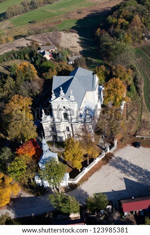 aerial view of church in village Mlodzawy near Pinczow town in Poland