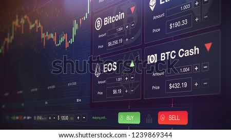 Modern stock exchange (crypto currency) with chart, numbers and BUY and SELL options  (3D illustration)