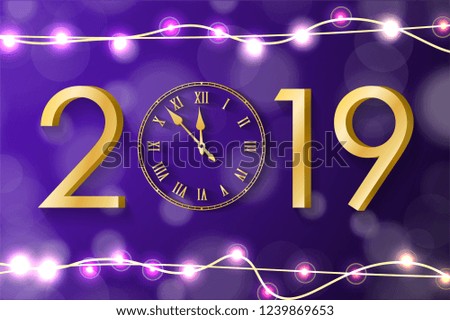 Golden New Year 2019 concept with realistic Christmas lights on violet background. Vector greeting card illustration with gold numbers and vintage clock