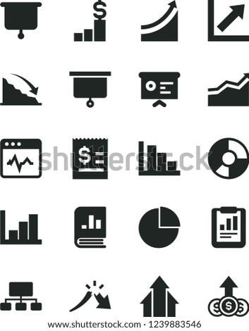 Solid Black Vector Icon Set - pie chart vector, growth, negative histogram, positive, cardiogram, recession, a crisis, statistical report, scheme, article on the dollar, ring diagram, financial