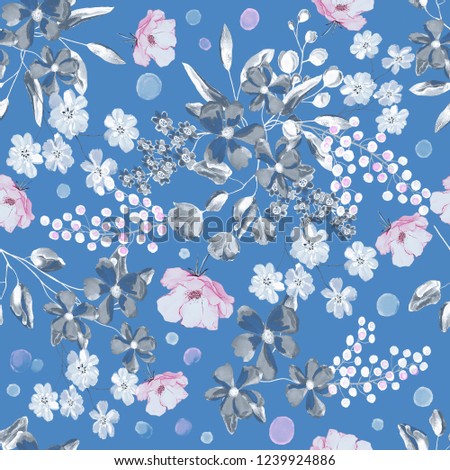 Seamless background with flowers and leaves. Floral pattern for Wallpaper, paper and fabric. Watercolor hand drawing. Pink flowers.