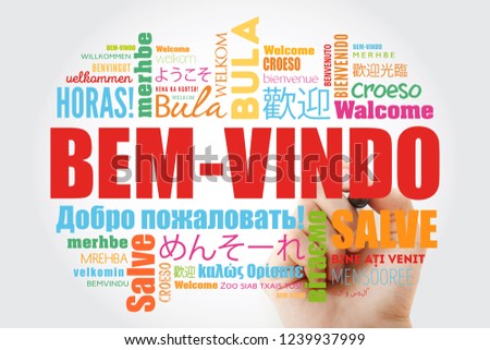 Bem-Vindo (Welcome in Portuguese) word cloud with marker in different languages, conceptual background