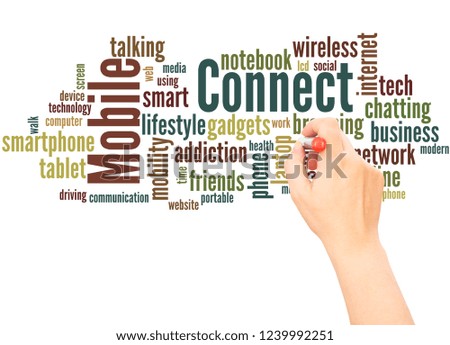 Mobile Connect word cloud hand writing concept on white background.