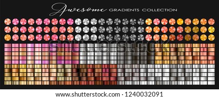 Trendy Gold, Silver, Copper, Rose gold, Ultra Violet collection, circular gradient set with silver, golden, copper, violet, purple, pink, red, white, grey... colors for design. Vector illustration.