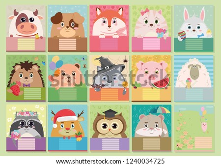 Set of colorful children's covers for notebooks with animals.