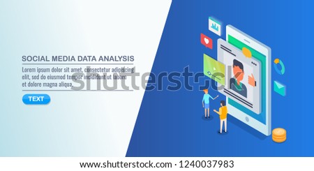 People analyzing social media data, Social media marketing strategy flat isometric vector