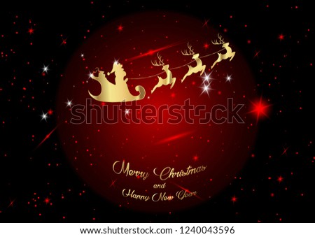 Merry Christmas and a Happy New Year, Santa Claus of gold with a reindeer flying, greeting card with stars, fantastic red background of the shiny universe with planet Mars, vector galaxy illustration 