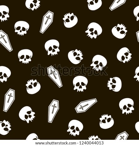 Black and white seamless pattern with handdrawn skulls and coffins. Vector pattern suitable for packaging, fabric.