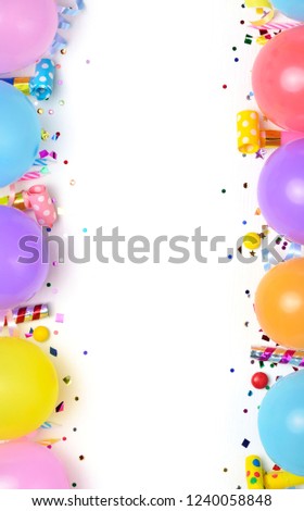 Flat lay decoration party concept on white background.  Top view. Birthday or party greeting card with copy space.