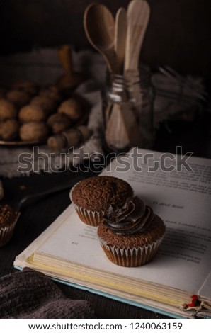 Homemade chocolate muffins, with chocolate topping delish dessert, food photography