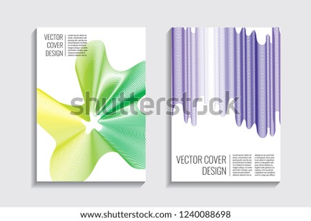 Blended covers with gradient wavy line shapes. Futuristic minimal design. Multi-colored bionic background. Modern visual effect. Repeating lines. For poster, layout, placard, grunge paper, card, book.