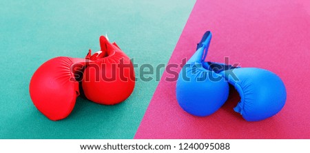 Red and blue karate gloves lies on the ring