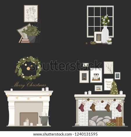 Scandinavian style clipart of christmas decorations. Fireplaces with traditional christmas tree,winter posters,gifts, socks,bright garland,mistletoe wreath and candles. Basket with green and books.