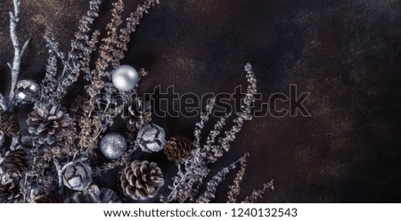 Christmas background, the composition of their cones and dried flowers on a dark brown background. Abstract composition, idea, decor.