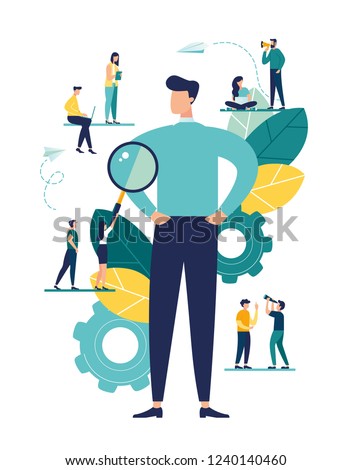 Vector business graph, open vacancy, business company is looking for an employee for a job, flat color icons, creative illustrations, businessmen are considering a resume Royalty-Free Stock Photo #1240140460