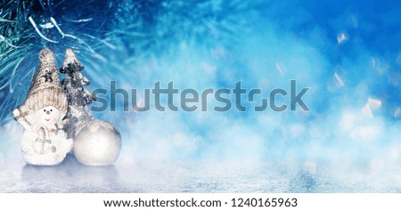 Christmas holiday background, snowflakes, bokeh, snowman, tree, lights
