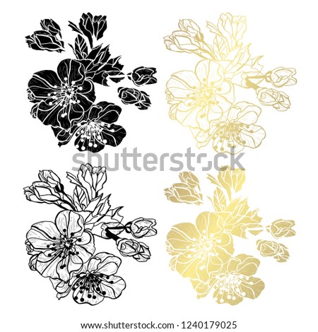Decorative sakura flowers, design elements. Can be used for cards, invitations, banners, posters, print design. Golden flowers