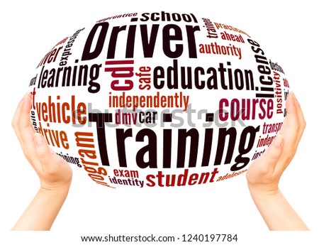 Driver Training word cloud hand sphere concept on white background.