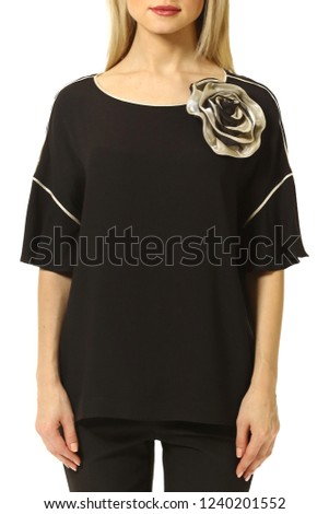 blond business woman with model girl in black short sleeve formal blouse with rose close up photo isolated on white