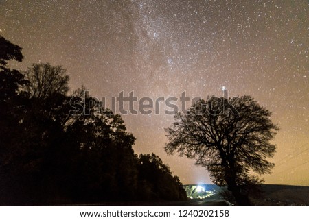 Summer landscape at night. Dark tall trees along empty road stretching to horizon under black sky with myriads of white sparkling stars and bright lights of moving cars or town in the distance.