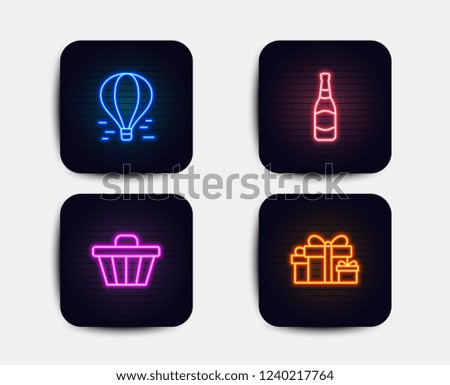 Neon set of Air balloon, Shop cart and Beer bottle icons. Holiday presents sign. Flight travel, Web buying, Brewery. Gift boxes. Neon icons. Glowing light banners. Vector