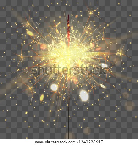 Happy New Year banner, poster. Celebrate party gold sparkler little fireworks with lights, bokeh on transparent background. Christmas holiday design, decor. Vector illustration.