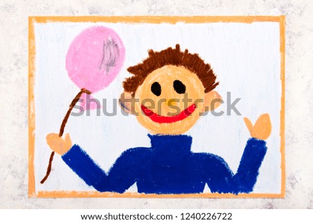 Colorful drawing: Smiling boy with pink balloon in his hand