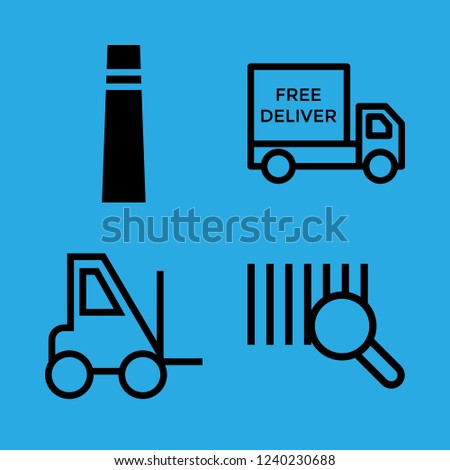 warehouse icon set about barcode, forklift, factory and delivery truck vector set
