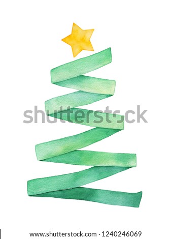 Watercolour illustration of green ribbon folded as cute Christmas tree with little one golden star on top. Hand painted water color drawing on white, cutout clip art element for design, prints, decor.