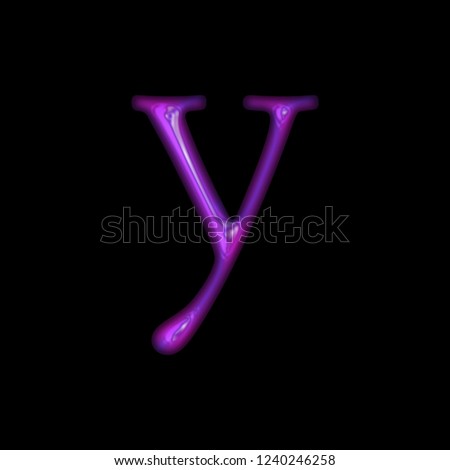 Bright purple shiny glass letter Y (lowercase) in a 3D illustration with a glossy glass effect with shining highlights in an antique bookletter font isolated on a black background