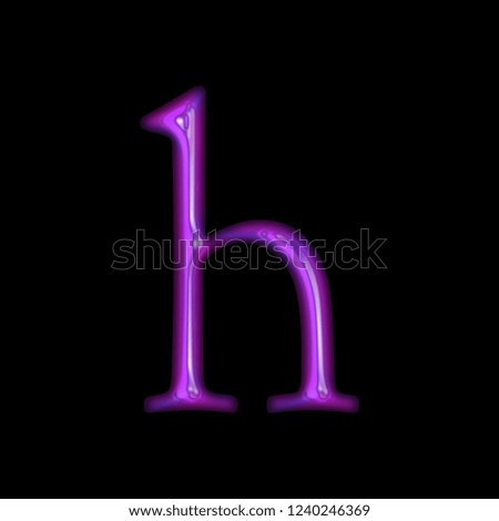 Bright purple shiny glass letter H (lowercase) in a 3D illustration with a glossy glass effect with shining highlights in an antique bookletter font isolated on a black background