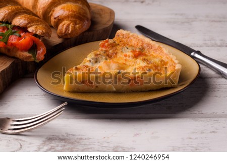 breakfast with quiche salmon and coffee