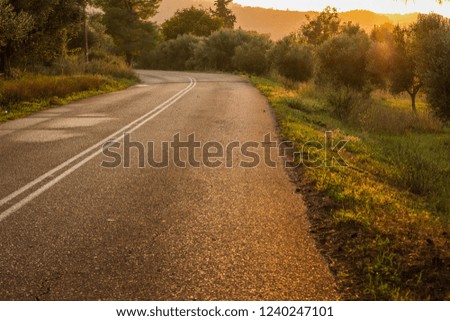 country side narrow empty car road in colorful vivid sunset time with soft yellow and orange sun light  