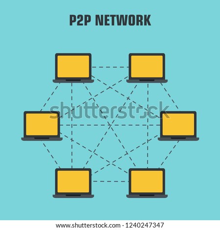 Vector technology icon Scheme One-rank decentralized P2P peering network. Illustration peer-to-peer  in flat style. In the diagram, computers are connected by a signal.