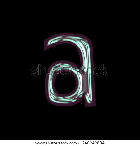 Cool shiny purple blue color metallic letter A (lowercase) in a 3D illustration with a smooth glossy polished finish in a hand drawn font on a black background with clipping path