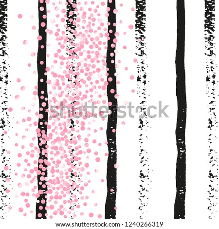 Pink glitter dots confetti on black stripes. Falling sequins with shimmer and sparkles. Design with pink glitter dots for party invitation, event banner, flyer, birthday card.