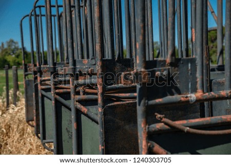 Detailed close up with shallow depth of field of a green and rusty starting gate