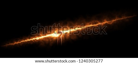 Powerful fire arrow in a strong hand. Background. Isolated Royalty-Free Stock Photo #1240305277