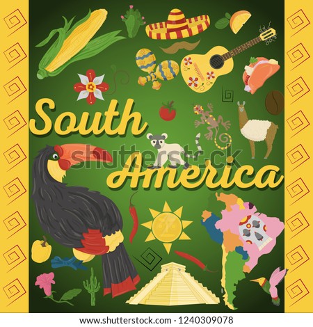 vector drawing in flat style on the theme of South America, animals, buildings, plants, holidays, continent map, food design elements tourism travel, sticker design for printing and decoration