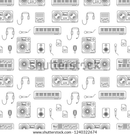 Music production equipment gray seamless pattern on white background