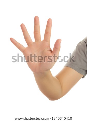 Human hand in reach out one's hand and showing 5 fingers gesture isolate on white background with clipping path, High resolution and low contrast for retouch or graphic design