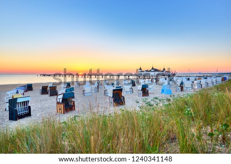 morning time at baltic sea beach and sight Ahlbeck pier in sunrise Royalty-Free Stock Photo #1240341148